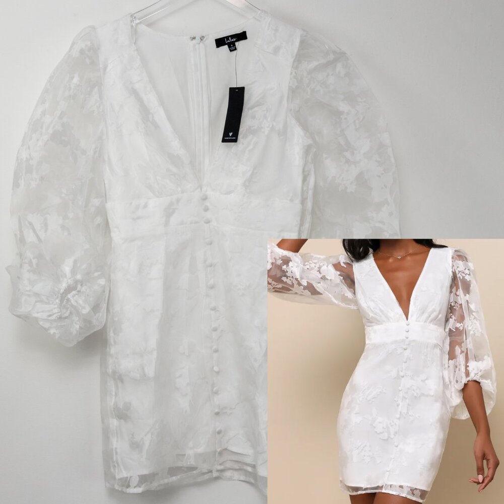 Lulus Dramatic Energy Floral Burnout Balloon Sleeve Mini Dress White Small NWT